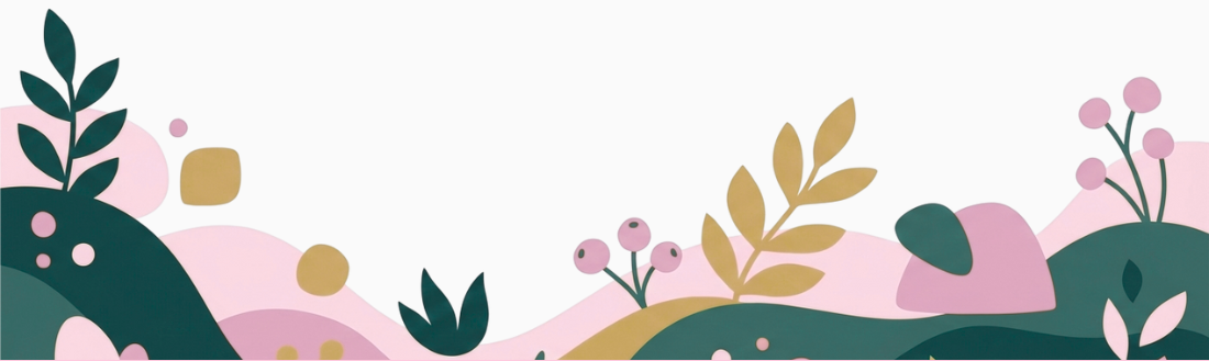 Decorative footer illustration with green and pink botanical elements